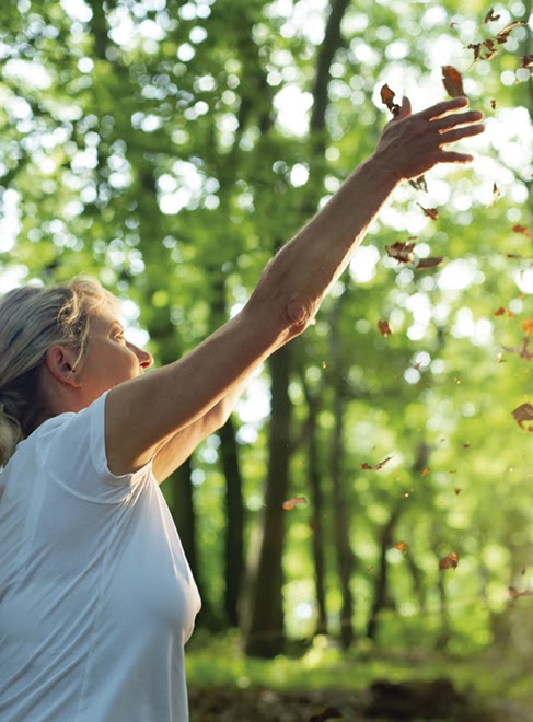 Experience the forest while bathing in the forest (Shinrin Yoku) with all her senses. A 50 year old blond woman plays with leaves. She throws it up. The evening sun is shining and she enjoys the atmosphere of the deciduous forest.